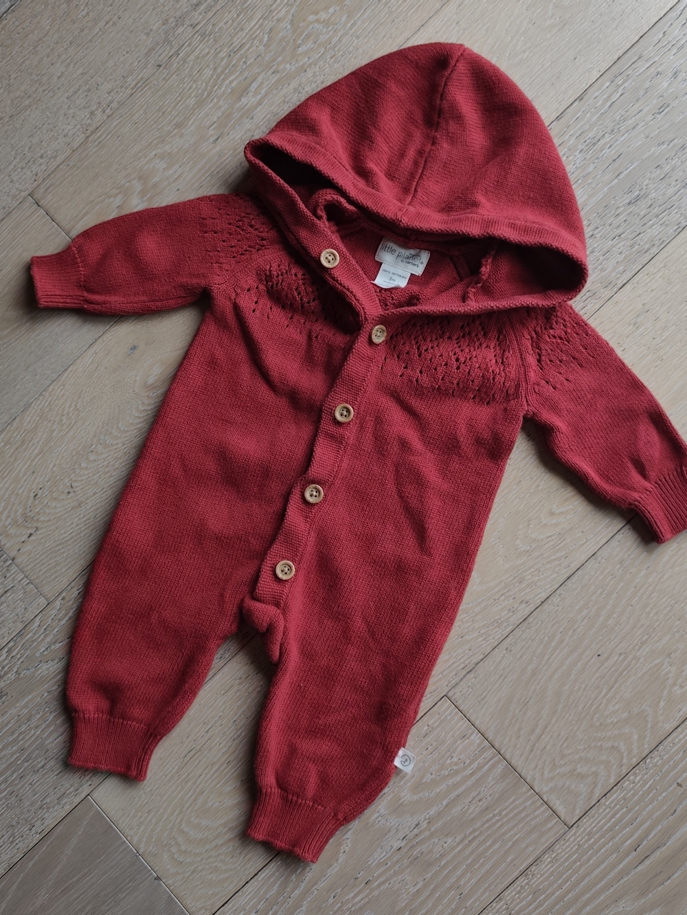 Little Planet Red Hooded Knit Baby One-Piece Romper, 3M, 100% Organic Cotton